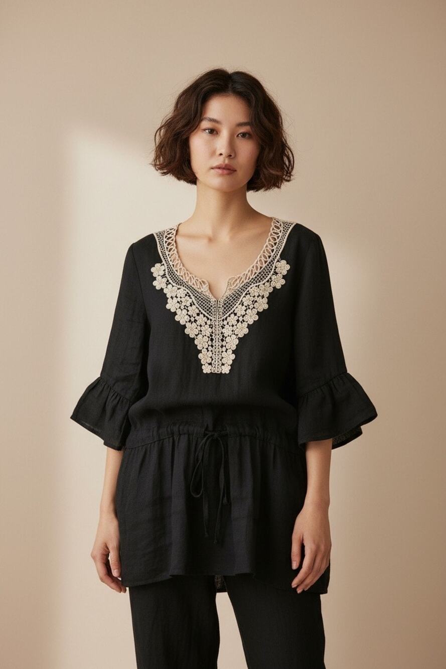 Black Cotton Gauze Crochet Bell-Sleeve Tunic Top M
